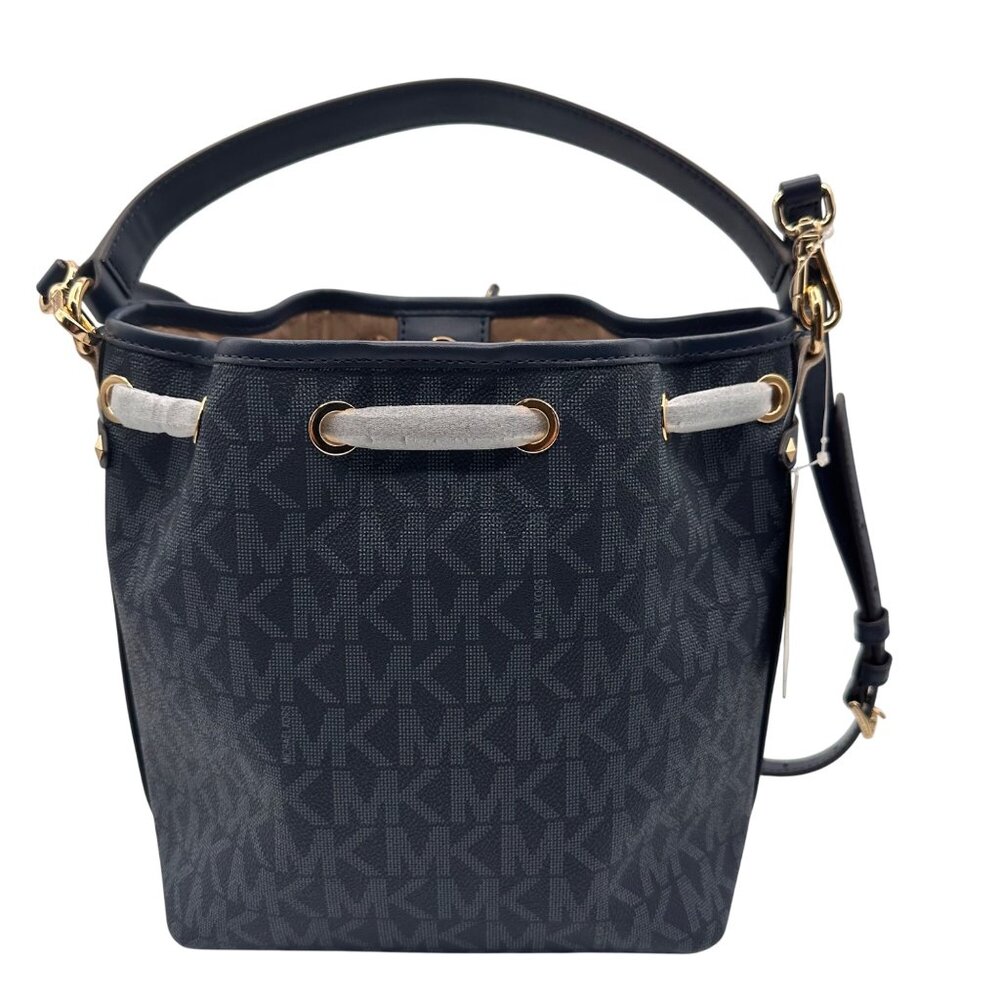 Michael Kors MK Signature Blue Bucket Bag Designer Logo Tote Gold Hardware - Picture 12 of 13